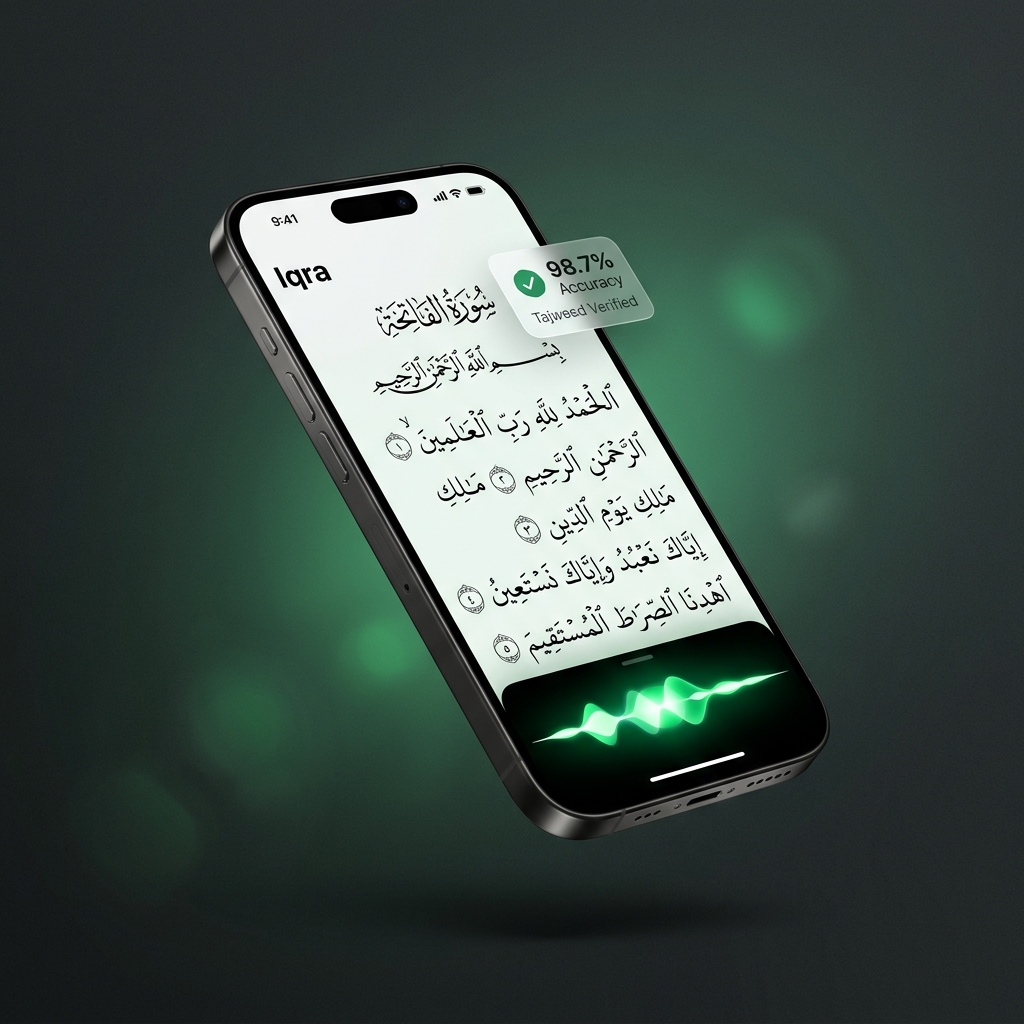Iqra iPhone App Mockup showing recite live, Al-Fatihah, and soundwaves